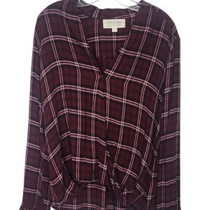 Cloth & Stone Plaid Twist Front Button Down Shirt Maroon Black Pink Women's L